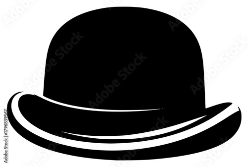 A black and white silhouette of a bowler hat, black, brim, cowboy hat, dress hat, fedora, hat, icon, illustration, peak, plug hat, profile, sun hat, against transparent background