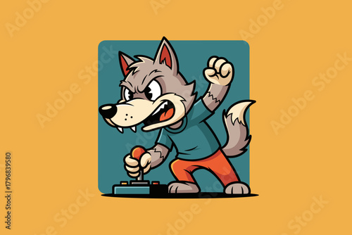 Angry cartoon wolf playing video games with a joystick.