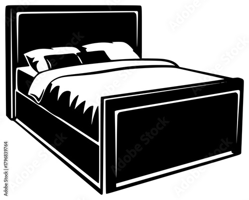 A black and white illustration of a bed with a headboard and footboard, bed, bed frame, bedroom, black, headboard, illustration, nightstand, pillow, white, against transparent background