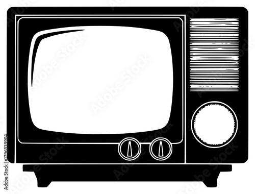 A black and white silhouette of an old fashioned television set with a blank screen, black, home appliance, icon, illustration, profile, retro, television, against transparent background