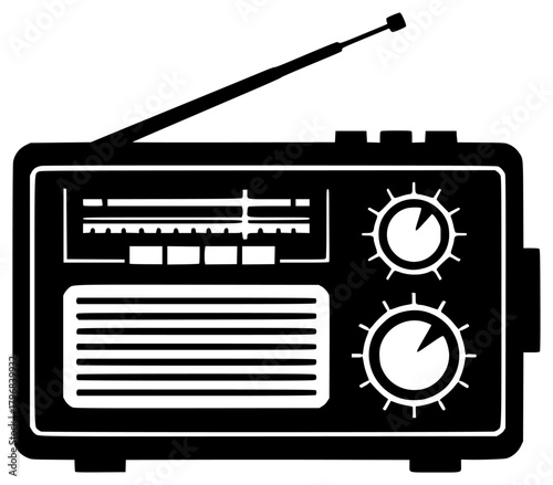 A black and white silhouette of an old fashioned radio, antenna, black, flat, icon, illustration, profile, radio, style, against transparent background