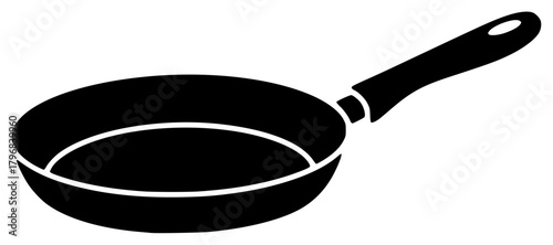 A black and white silhouette of a frying pan, black, flat, frying pan, icon, illustration, kitchen utensil, kitchenware, pan, profile, wok, against transparent background