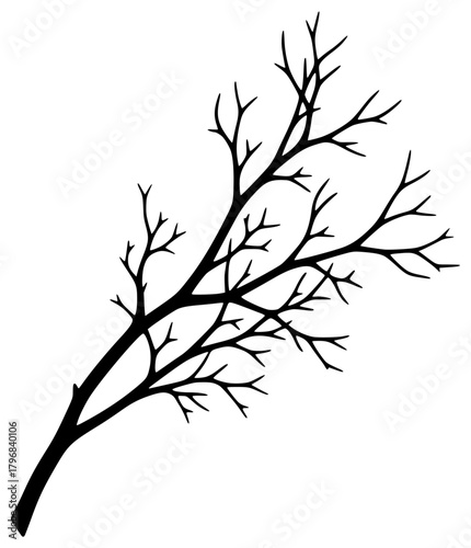 A black and white silhouette of a bare tree branch against a plain , black, branch, illustration, limb, profile, tree, tree branch, twig, against transparent background