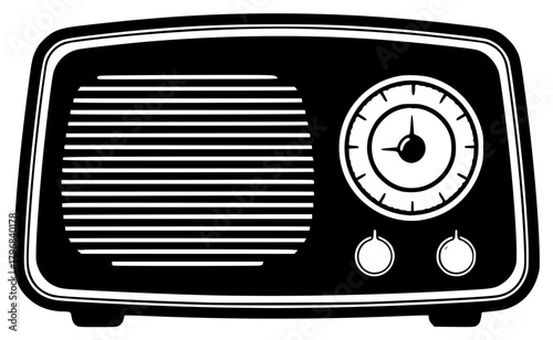 A black and white illustration of an old fashioned radio, black, clock, dial, home appliance, illustration, radio, against transparent background
