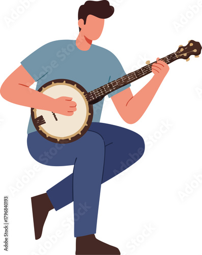 Illustration of a man playing a banjo with a lively posture against a clean white background.