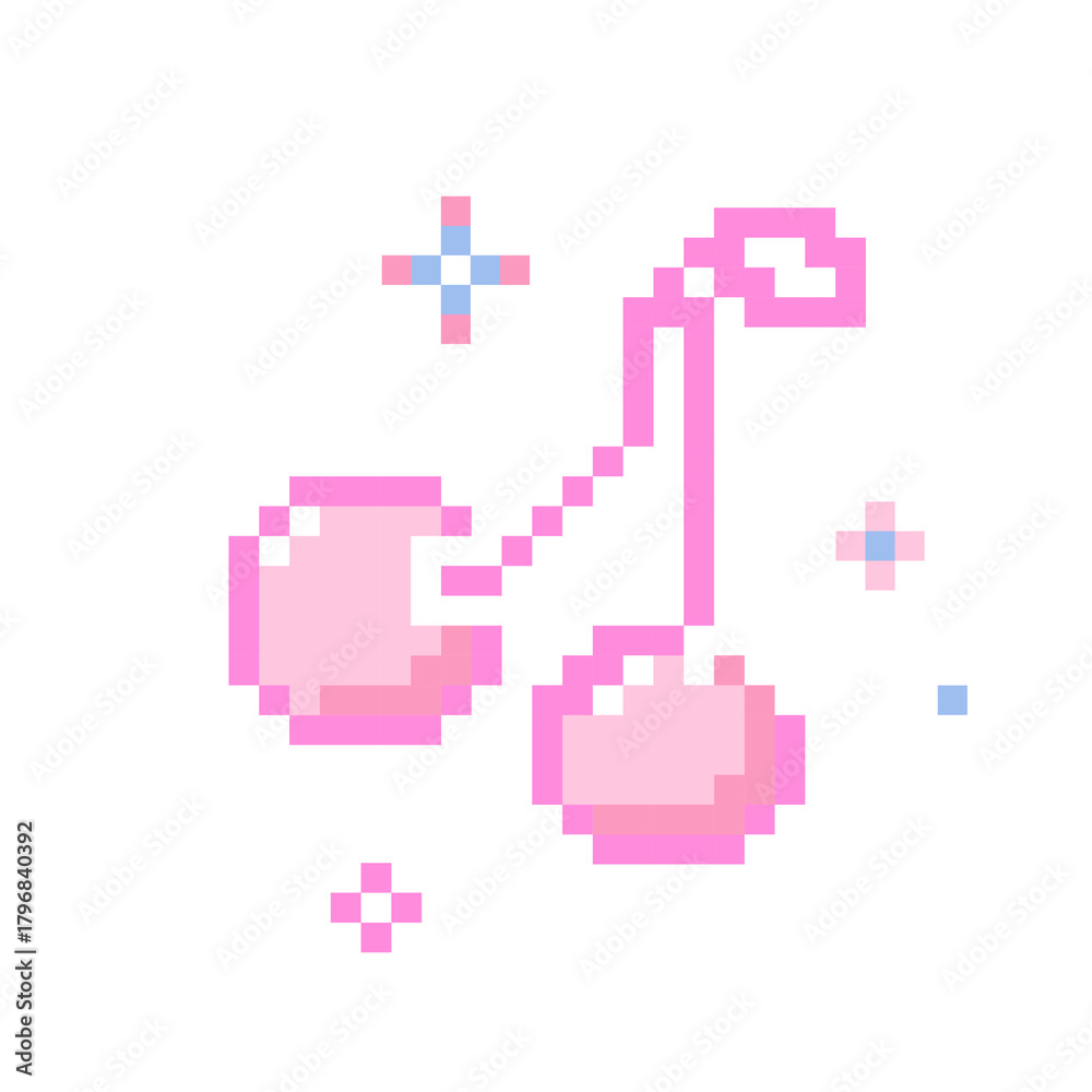 Fototapeta premium Cute pixel cherry with sparks, y2k pink sweet fruit. Game arcade nostalgic video retro element. 