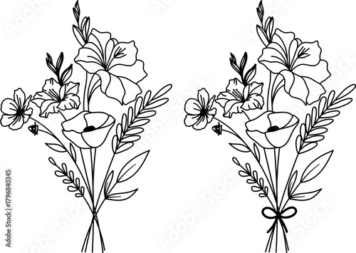 August Birth Month Flower Bouquet SVG, Gladiolus and Poppy, Ribbon Bow Coquette Outline Line Art,  Laser Engraving Cut Files Silhouette Cricut, Birthday Gifts, Flower Arrangement