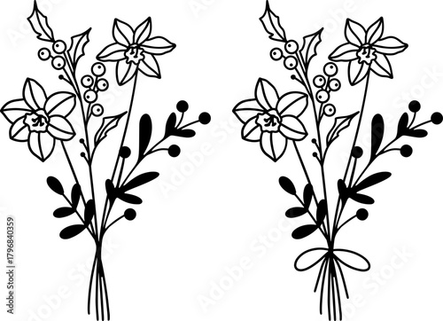 December Birth Month Flower Bouquet SVG, Narcissus and Holly, Ribbon Bow Coquette Outline Line Art,  Laser Engraving Cut Files Silhouette Cricut, Birthday Gifts, Flower Arrangement