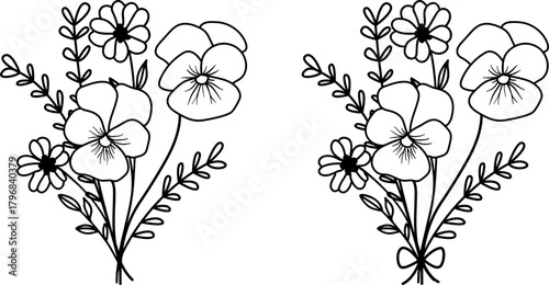 February Birth Month Flower Bouquet SVG, Violet and Primrose, Ribbon Bow Coquette Outline Line Art,  Laser Engraving Cut Files Silhouette Cricut, Birthday Gifts, Flower Arrangement