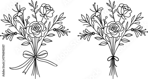 June Birth Month Flower Bouquet SVG, Rose and Honeysuckle, Ribbon Bow Coquette Outline Line Art,  Laser Engraving Cut Files Silhouette Cricut, Birthday Gifts, Flower Arrangement