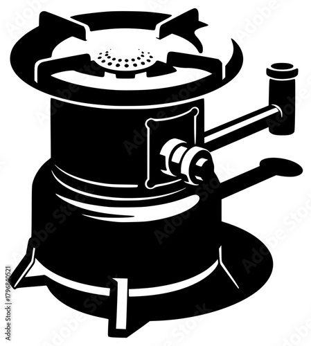 A black and white illustration of a stove with a gas burner, black, equipment, hammer, illustration, iron, machine, phone, reel, tool, against transparent background
