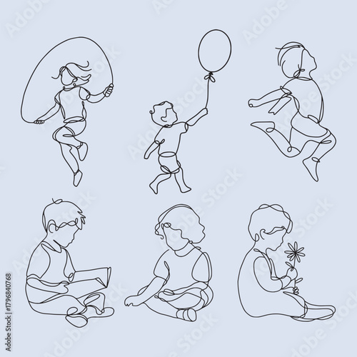 Kids doodle activity illustration — children playing, reading, learning and having fun in cute hand-drawn style