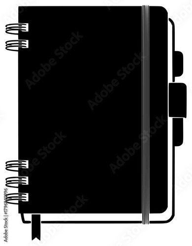 A blank black and white silhouette of a notebook, black, blanket, book, electronic, hardback book, icon, illustration, journal, notebook, open, spiral, against transparent background