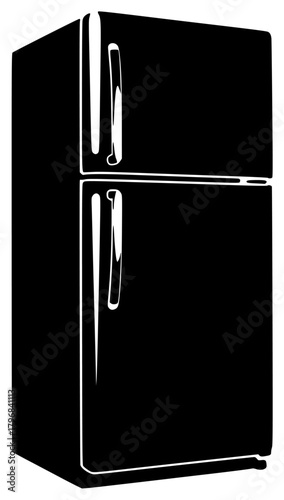 A black and white silhouette of a refrigerator, appliance, black, fridge, home appliance, illustration, profile, white, against transparent background