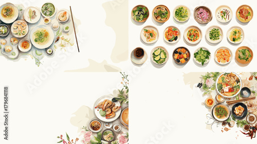 Watercolor Asian food frame collection featuring soups, vegetables, dumplings, noodles, bowls, and herbs arranged in decorative corner borders and menu layouts.