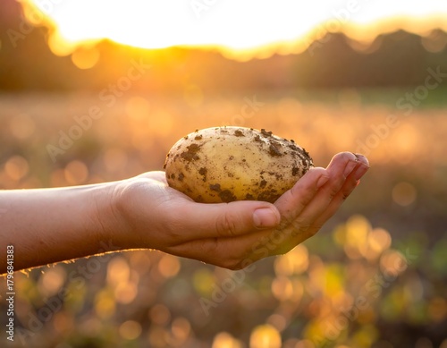 Close-up of a hand holding a freshly harvested potato in a sunlit field