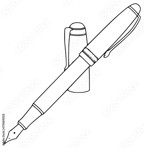 A line drawing of a fountain pen and a ballpoint pen, black, fountain pen, illustration, ink, mark, outline, pen, pencil, against transparent background
