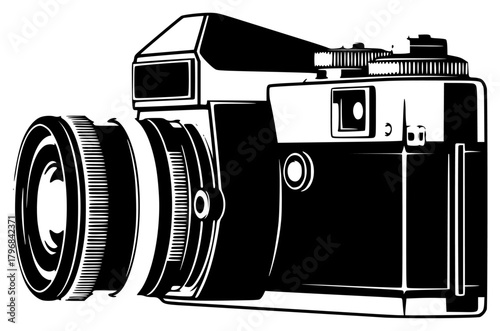 A black and white illustration of a vintage camera with a lens, black, camera, film camera, illustration, lens, against transparent background