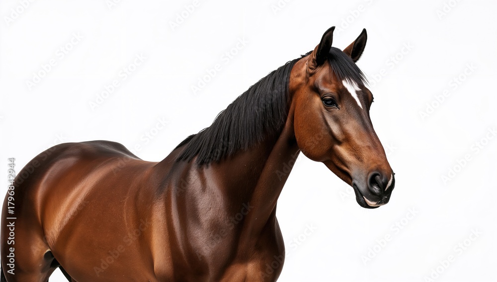 Naklejka premium Mixed-breed horse in a neutral setting, showcasing a blend of Spanish and Arabian traits, focus on equine characteristics