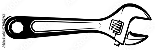 A black and white line drawing of a wrench, black, hair drier, illustration, megaphone, tool, trumpet, against transparent background