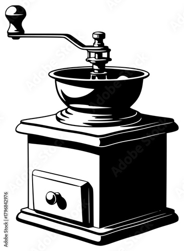 A black and white illustration of a coffee grinder, basin, black, footstall, illustration, scale, stool, against transparent background