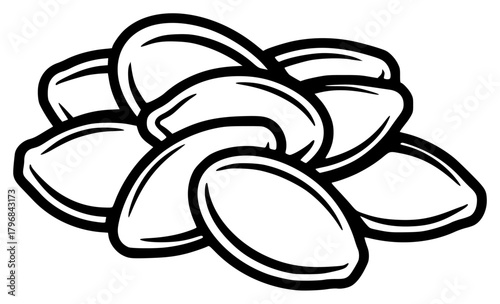 A black and white illustration of a bunch of bread., almond, black, fruit, illustration, nut, peanut, petal, pistachio, pumpkin seed, seed, shell, against transparent background