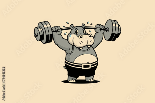 Strong cartoon hippopotamus lifting weights in a gym.