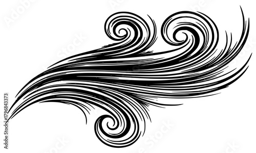 A stylized black and white illustration of swirling hair elements, black, curl, design, hair, illustration, line, profile, spiral, swirl, tail, wave, against transparent background