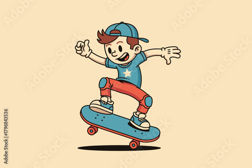 Cartoon boy skateboarding with joy and energy.