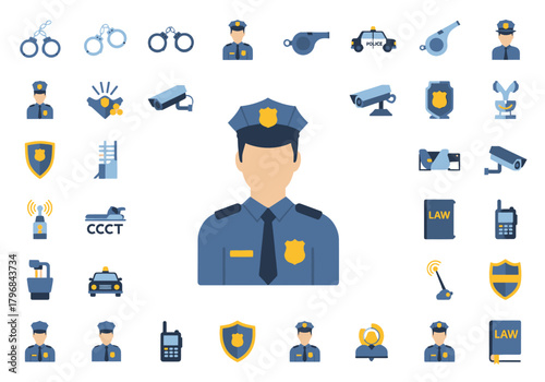 Collection of flat design illustrations and symbols relating to law enforcement and safety