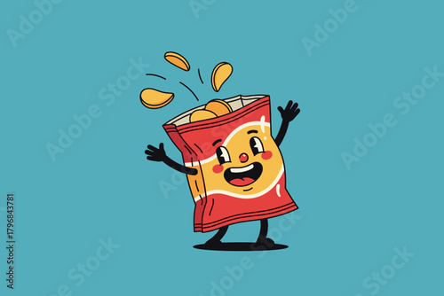 Happy Cartoon Chip Bag Character with Flying Chips.