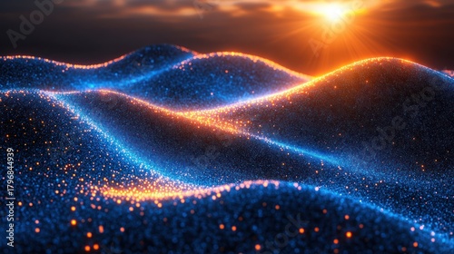 Digital landscape, glowing particles, sunset hills, abstract background