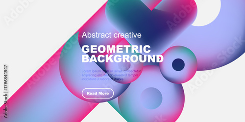 Modern design features vibrant overlapping shapes, gradients. Text promotes content with button. Minimalist aesthetic, clean composition.