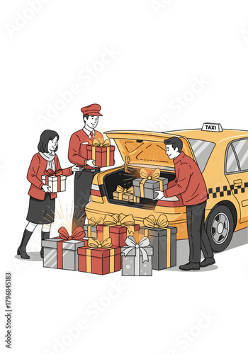 Two taxi workers loading gifts into trunk of yellow taxi car  