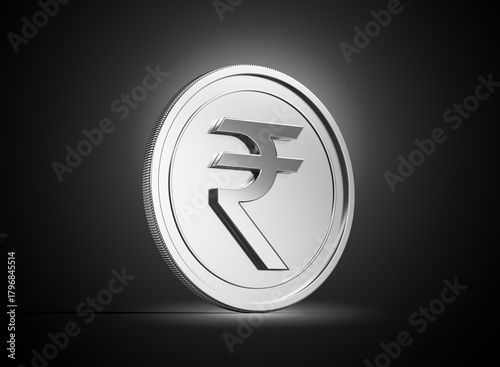 3d Silver Shiny Rounded Indian Rupee Coin Isolated On dark Background 3d Illustration