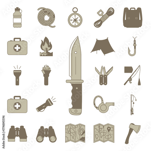 A collection of outdoor adventure icons compass, backpack, first aid, fire, knife, tent, maps, tools, and more