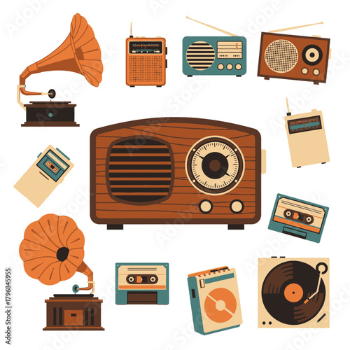 Collection of vintage audio devices including radios, phonographs, cassette players, and turntables