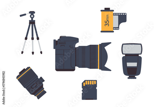 A collection of various photography equipment including a camera, lens, tripod, and film roll