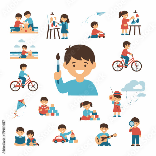 Colorful illustrated image featuring various children involved in different activities and pastimes