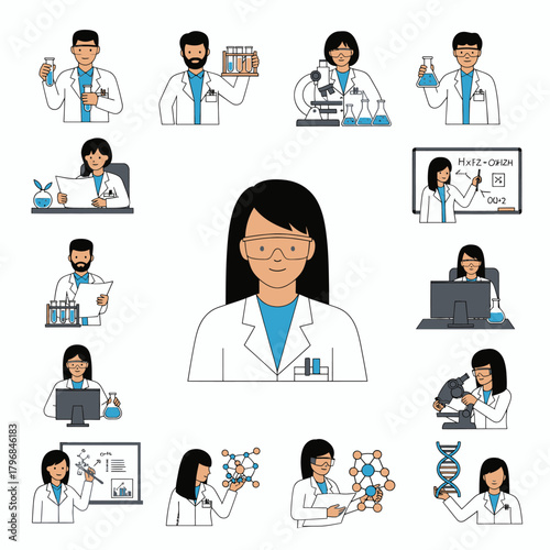 Cartoon illustration featuring various scientists of diverse gender, holding laboratory equipment in a lab