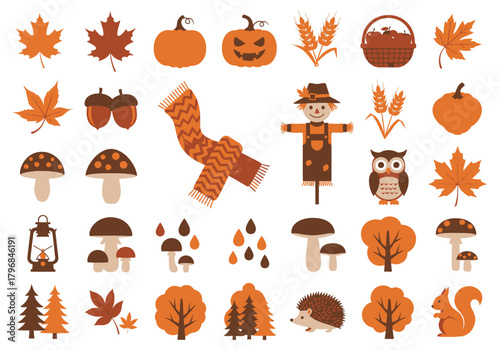 Assortment of autumnal illustrations, featuring leaves, pumpkins, and various seasonal elements