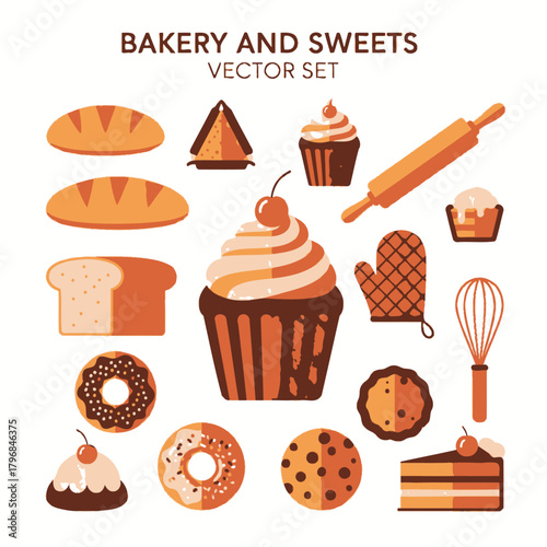 A collection of baked goods and kitchen tools. Includes bread, cakes, cookies, and baking tools