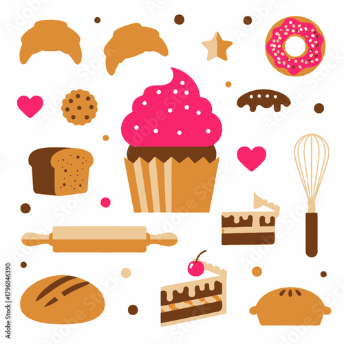 Illustration featuring various baked goods and baking tools with bright colors and a white background