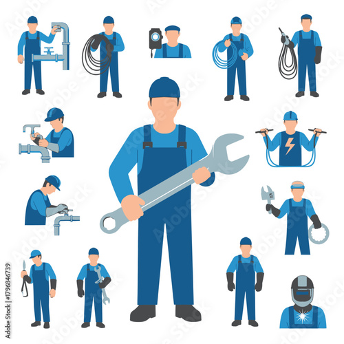 Collection of various workers with tools and equipment in blue overalls. Flat illustrations