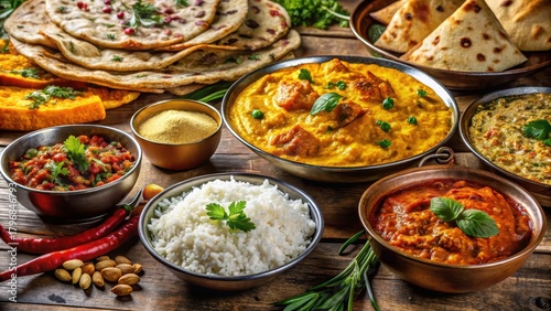 Fototapeta Naklejka Na Ścianę i Meble -  A vibrant spread of aromatic basmati rice, fluffy naan bread, and a variety of spiced curries await in this delectable Indian feast