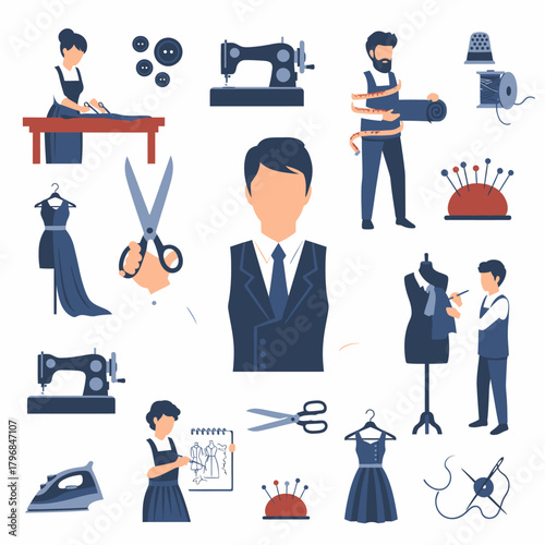 A collection of various fashion design related illustrations, featuring tools and professionals