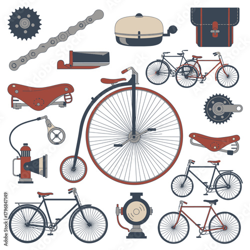 A flat-design illustration of various bicycle components, accessories, and complete bicycles