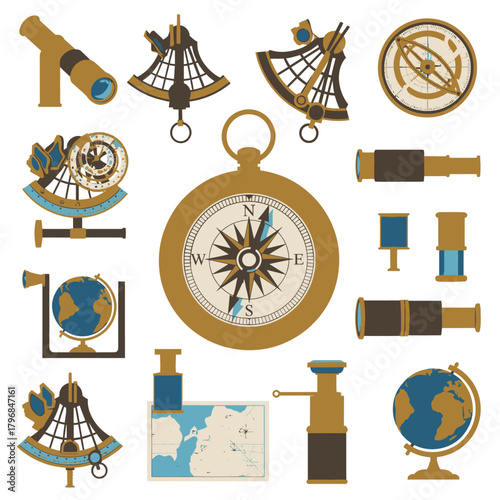 Assorted nautical instruments displayed in a flat, vector illustration style