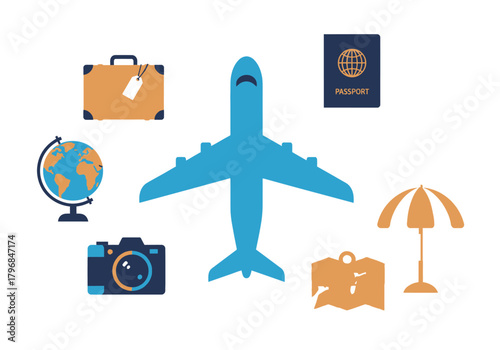 A flat-design illustration depicting a blue airplane and travel-related icons against a white background