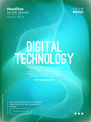 Modern digital technology poster design with abstract wave lines, gradient blue-green background, and futuristic elements. Suitable for tech business, innovation, IT services, and promotional material